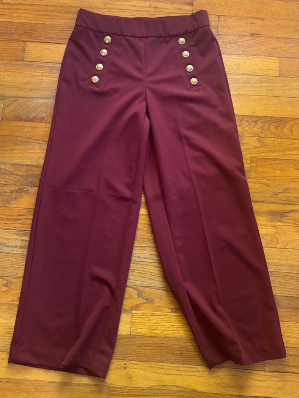 High-Rise Wide Leg Pants with Gold Button Detail — Burgundy
